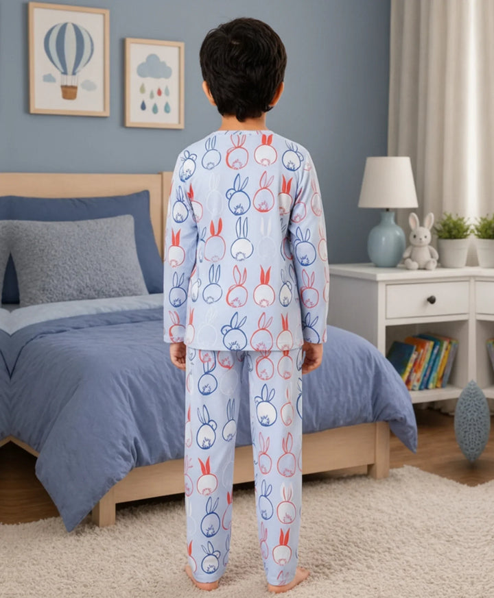 Rabbit Print Boys Long Sleeve Pyjama Set - Blue