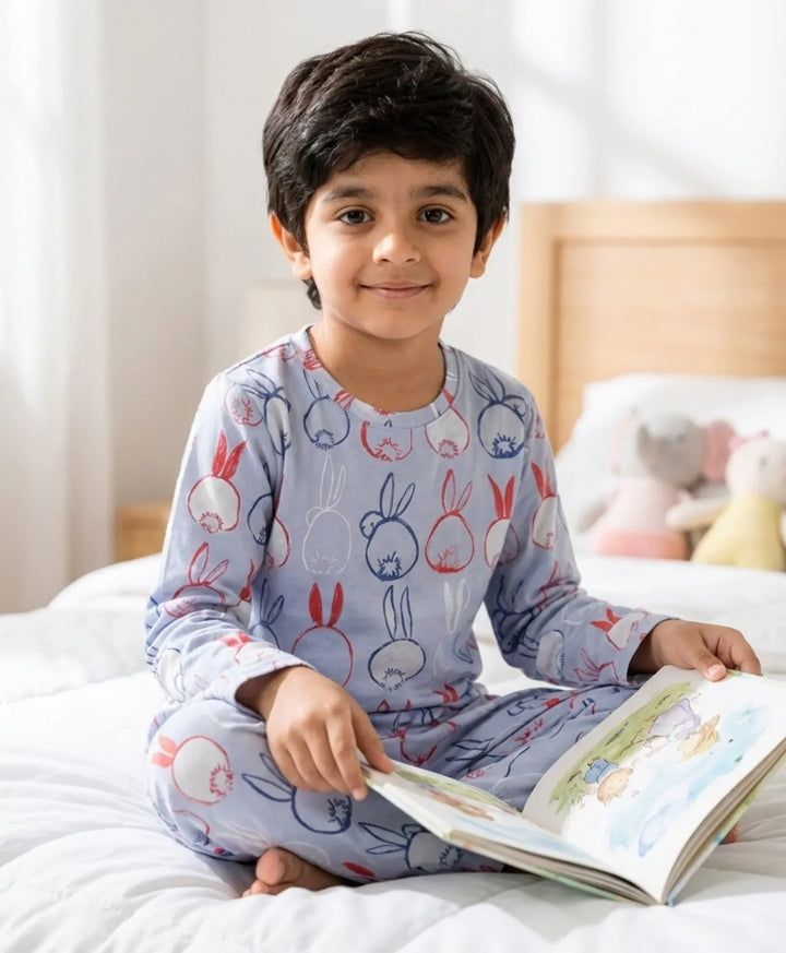 Rabbit Print Boys Long Sleeve Pyjama Set - Blue