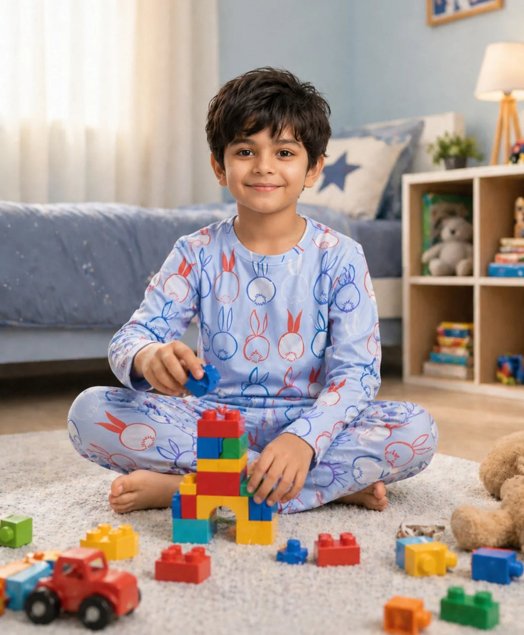 Rabbit Print Boys Long Sleeve Pyjama Set - Blue