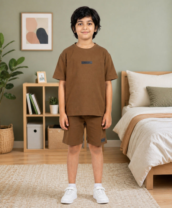 ESSENTIALS OVERSIZED BOYS TSHIRT SHORTS SET - BROWN