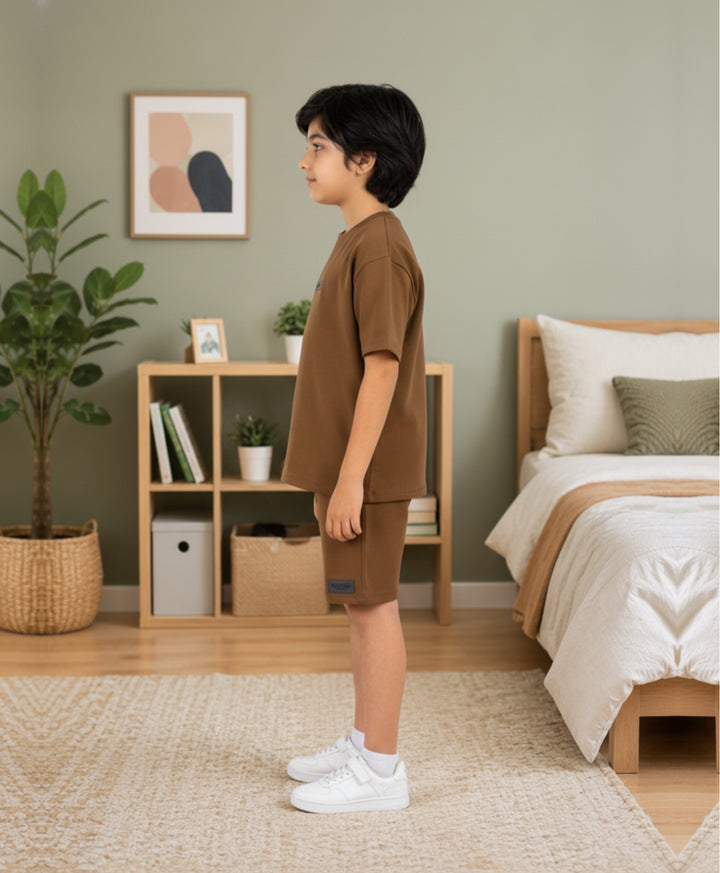 ESSENTIALS OVERSIZED BOYS TSHIRT SHORTS SET - BROWN