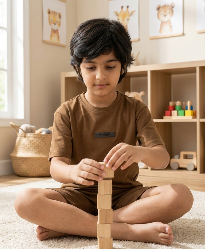 ESSENTIALS OVERSIZED BOYS TSHIRT SHORTS SET - BROWN