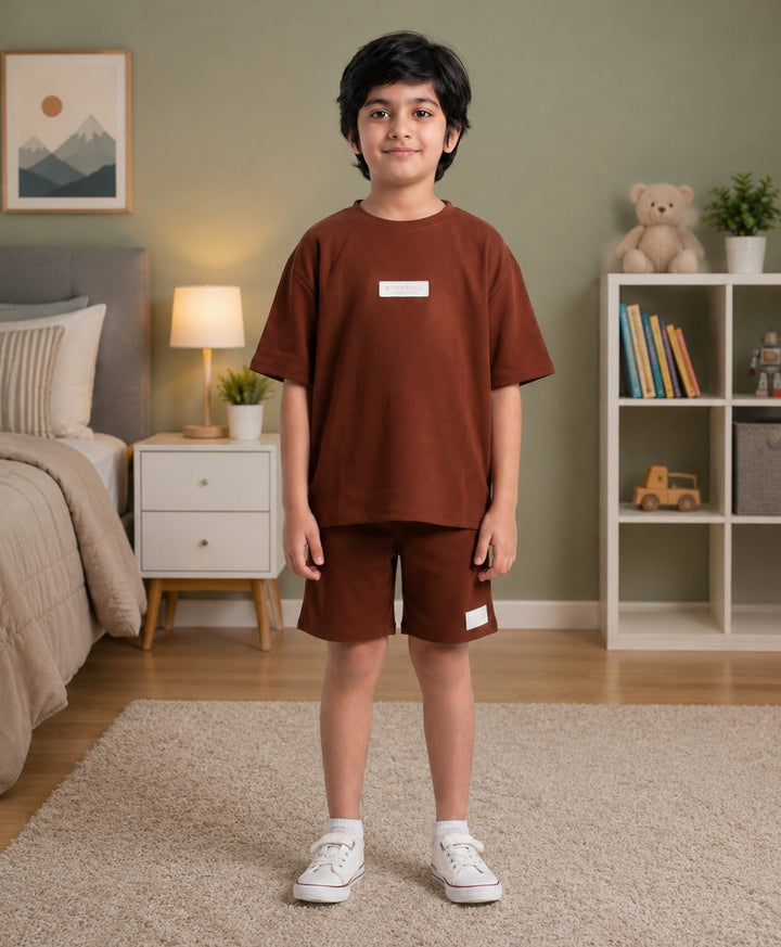 ESSENTIALS OVERSIZED BOYS TSHIRT SHORTS SET - RUST