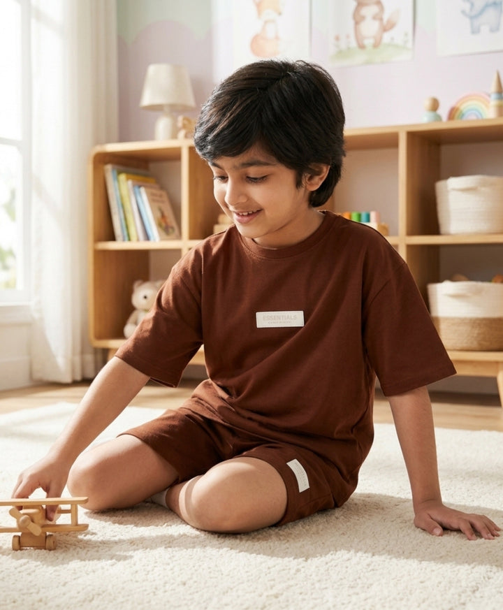 ESSENTIALS OVERSIZED BOYS TSHIRT SHORTS SET - RUST
