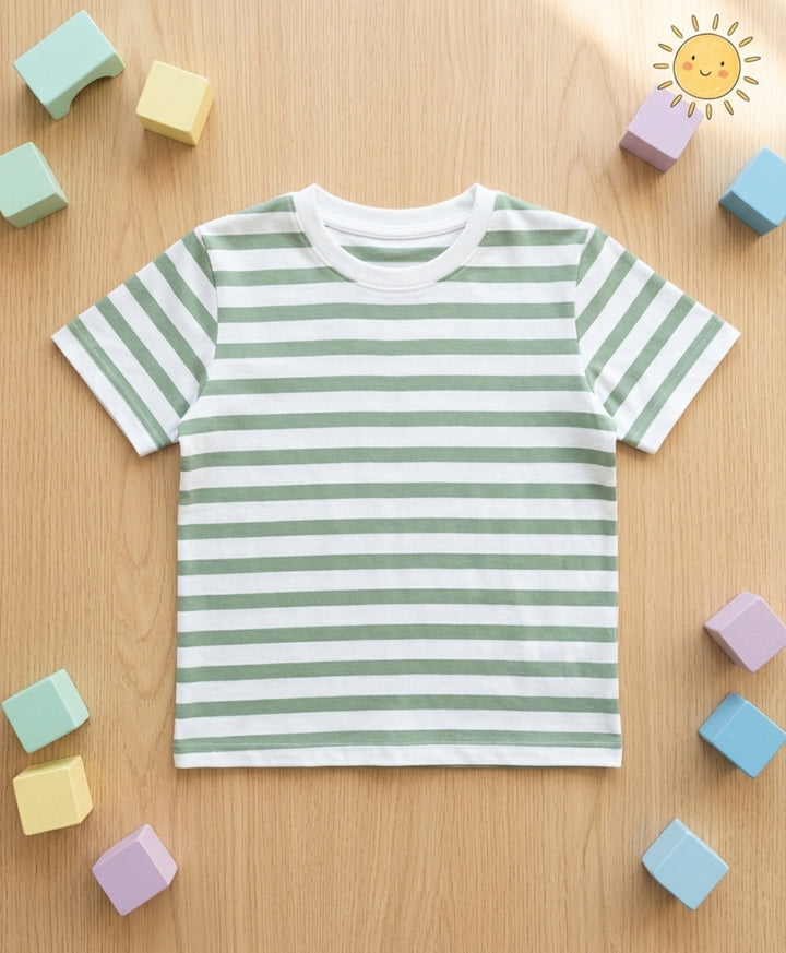 GREEN WHITE STRIPED BOYS SHORT SLEEVES T-SHIRT - GREEN/WHITE