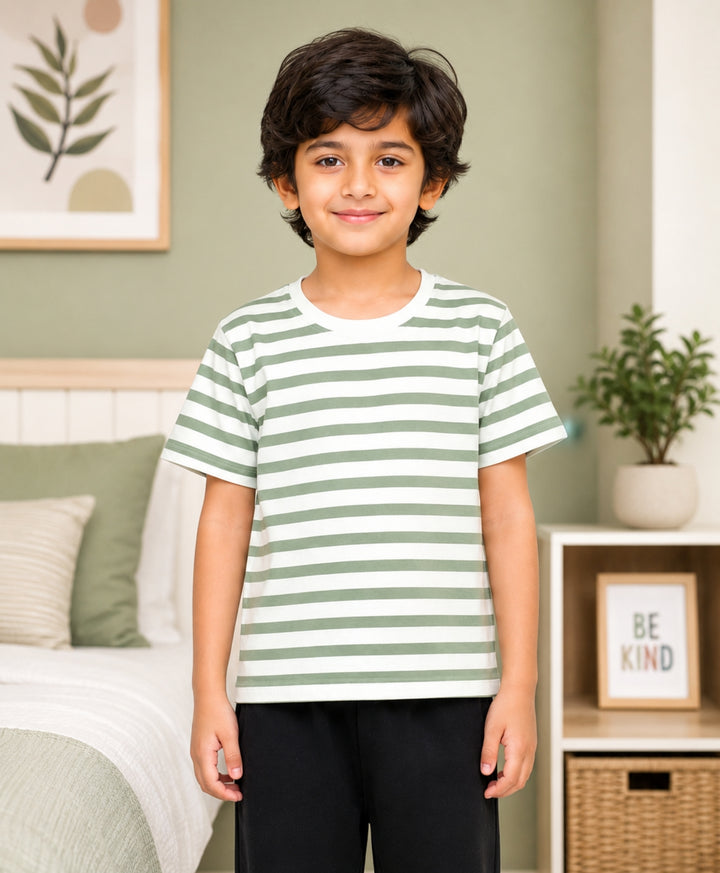 GREEN WHITE STRIPED BOYS SHORT SLEEVES T-SHIRT - GREEN/WHITE