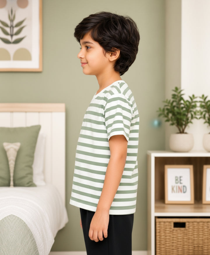 GREEN WHITE STRIPED BOYS SHORT SLEEVES T-SHIRT - GREEN/WHITE