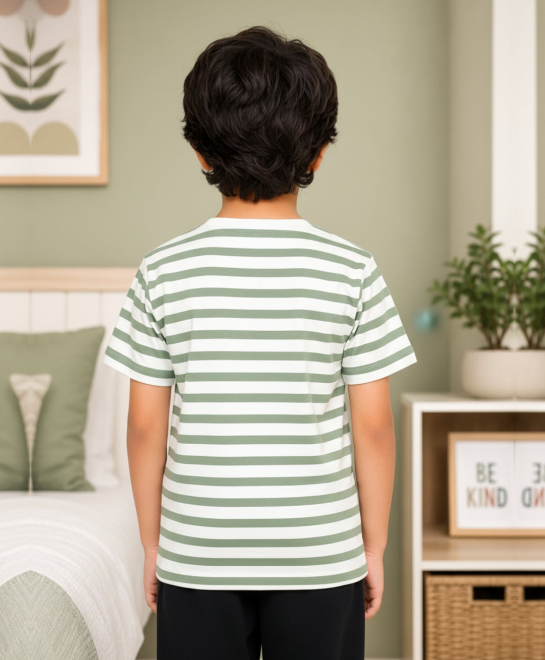 GREEN WHITE STRIPED BOYS SHORT SLEEVES T-SHIRT - GREEN/WHITE