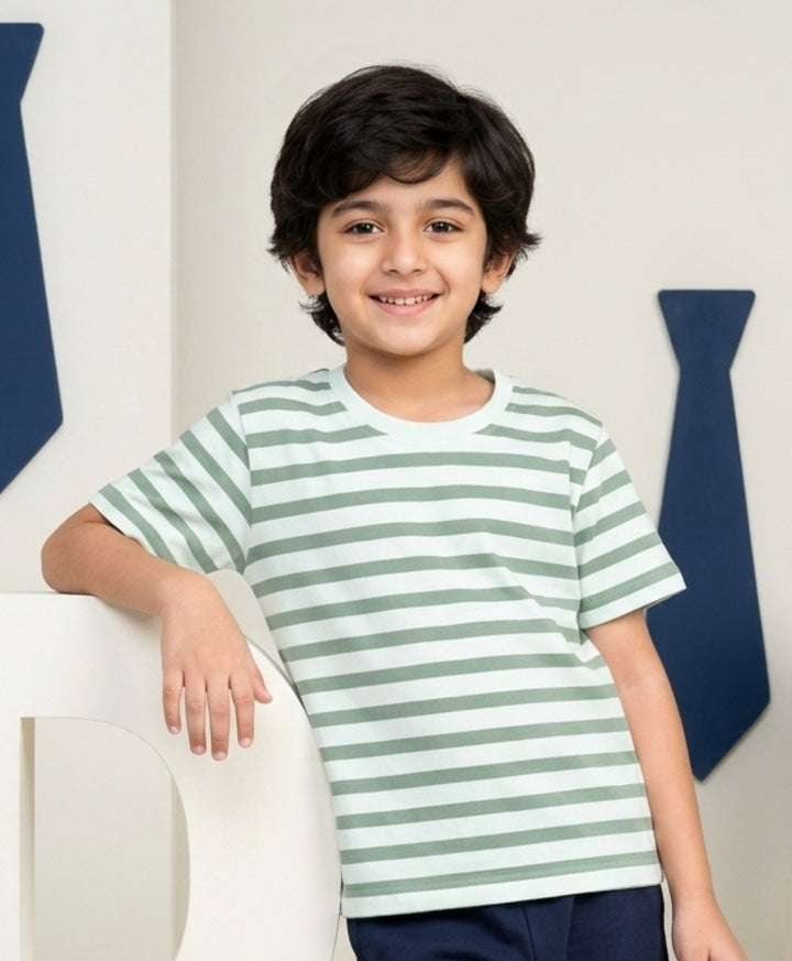 GREEN WHITE STRIPED BOYS SHORT SLEEVES T-SHIRT - GREEN/WHITE