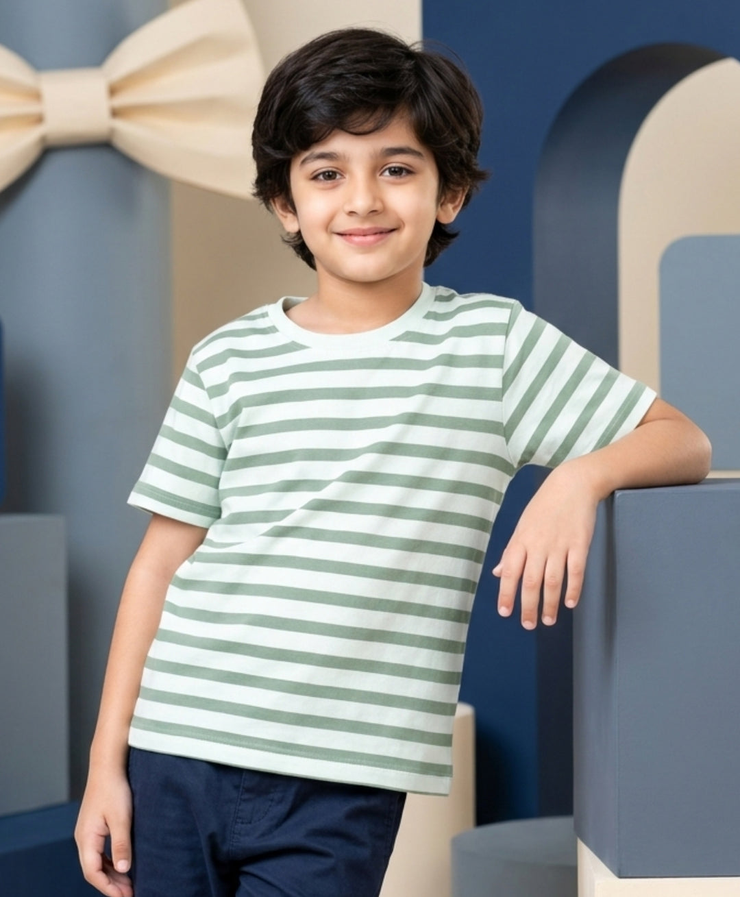 GREEN WHITE STRIPED BOYS SHORT SLEEVES T-SHIRT - GREEN/WHITE