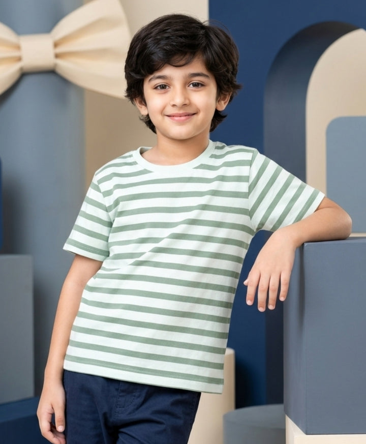 GREEN WHITE STRIPED BOYS SHORT SLEEVES T-SHIRT - GREEN/WHITE