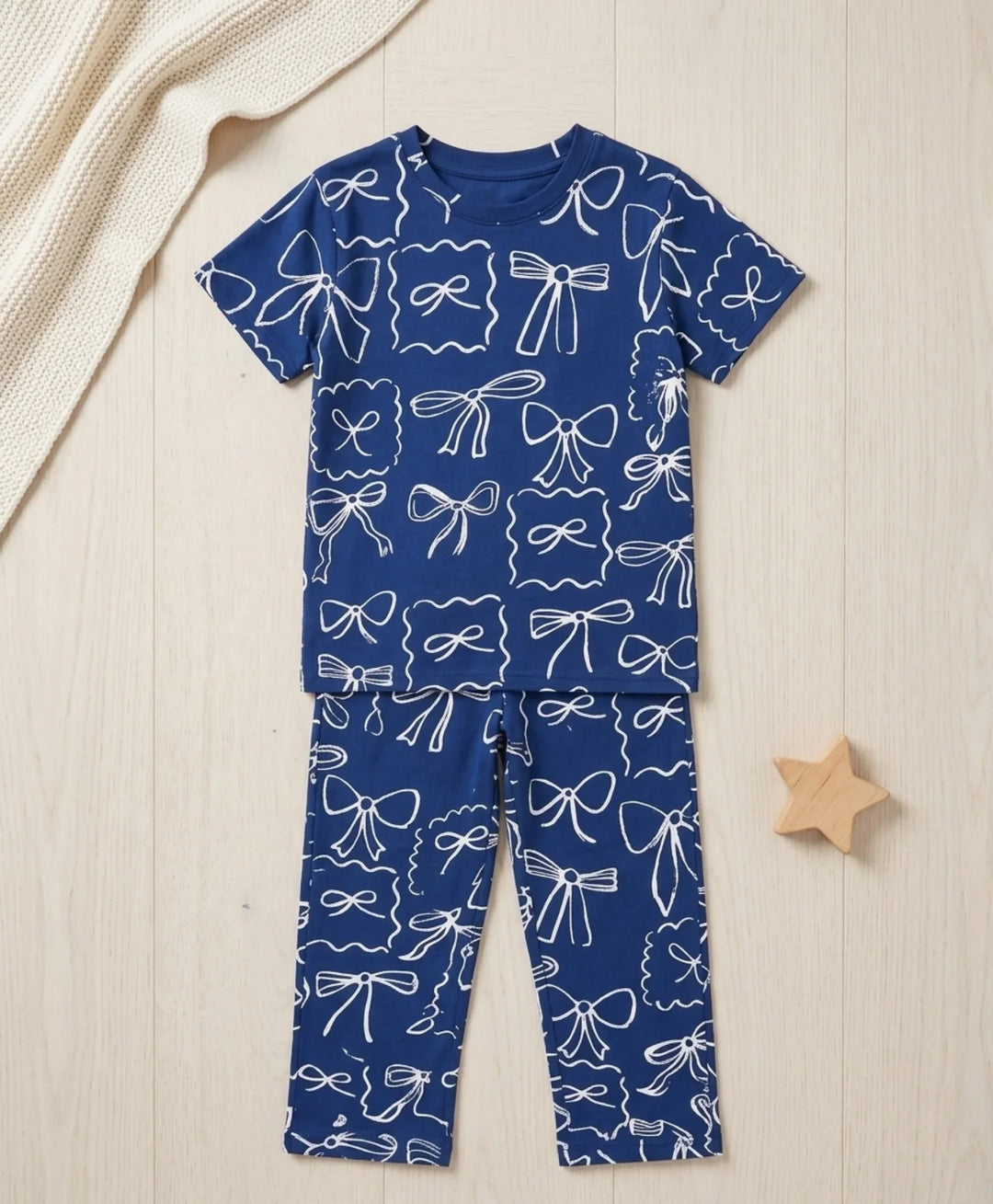 Blue Bow Girls Short Sleeve Pyjama Set - Blue