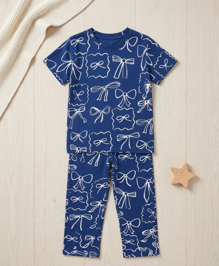 Blue Bow Girls Short Sleeve Pyjama Set - Blue