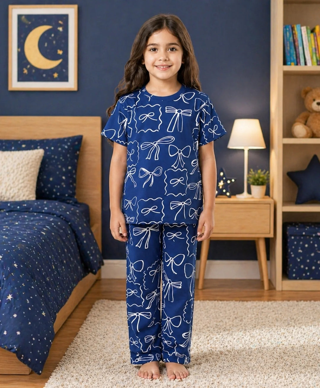 Blue Bow Girls Short Sleeve Pyjama Set - Blue