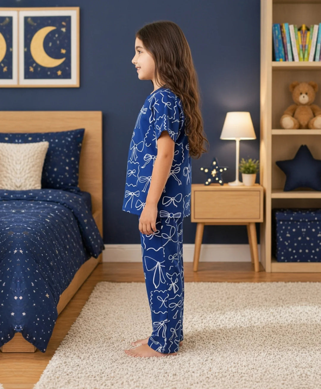 Blue Bow Girls Short Sleeve Pyjama Set - Blue