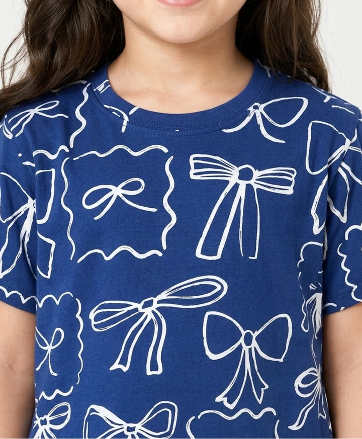 Blue Bow Girls Short Sleeve Pyjama Set - Blue