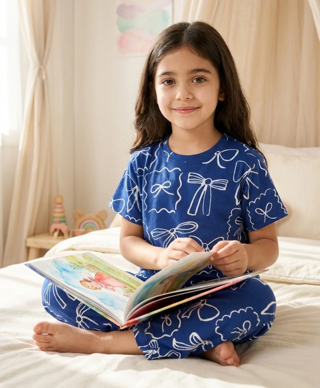 Blue Bow Girls Short Sleeve Pyjama Set - Blue