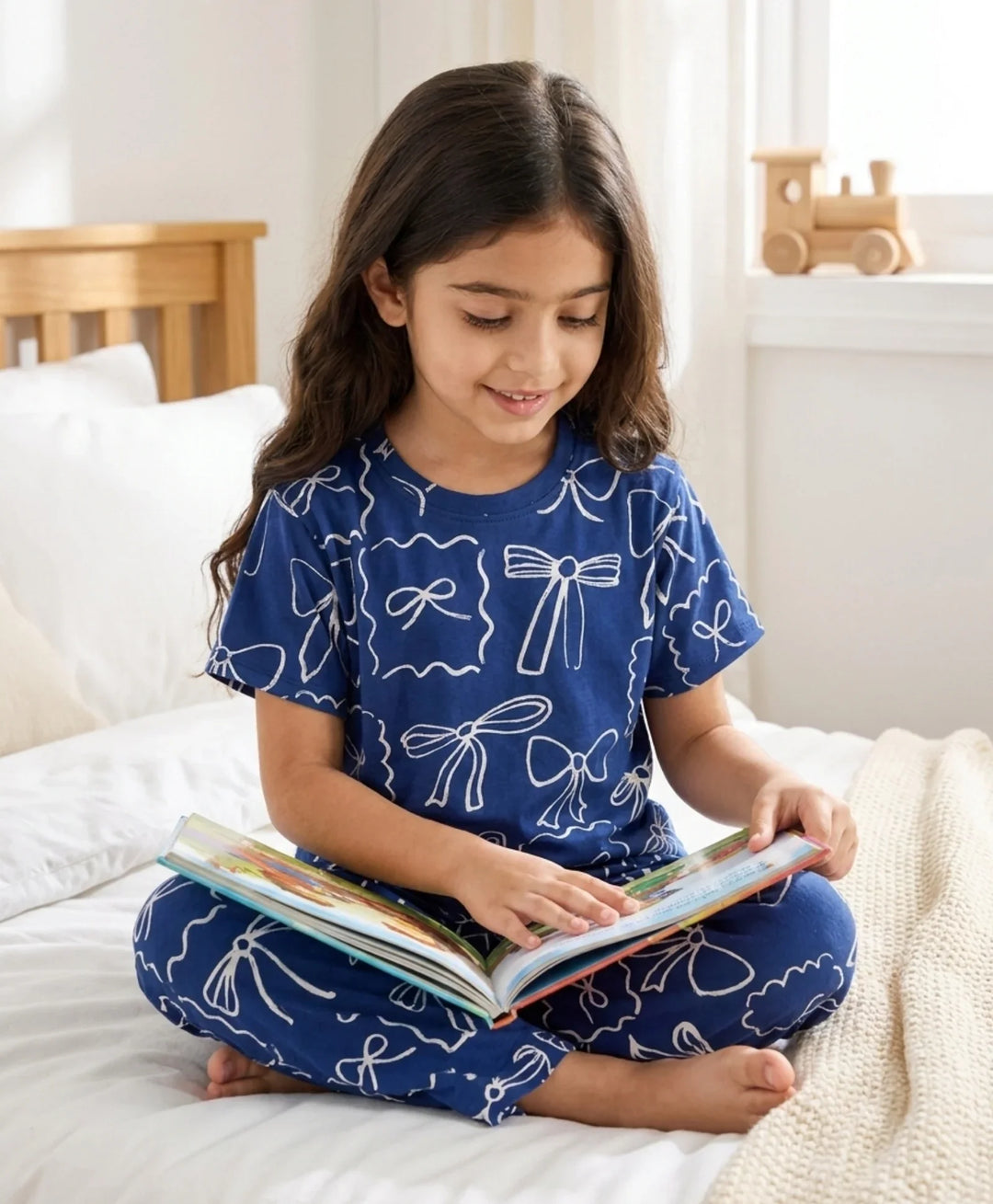 Blue Bow Girls Short Sleeve Pyjama Set - Blue