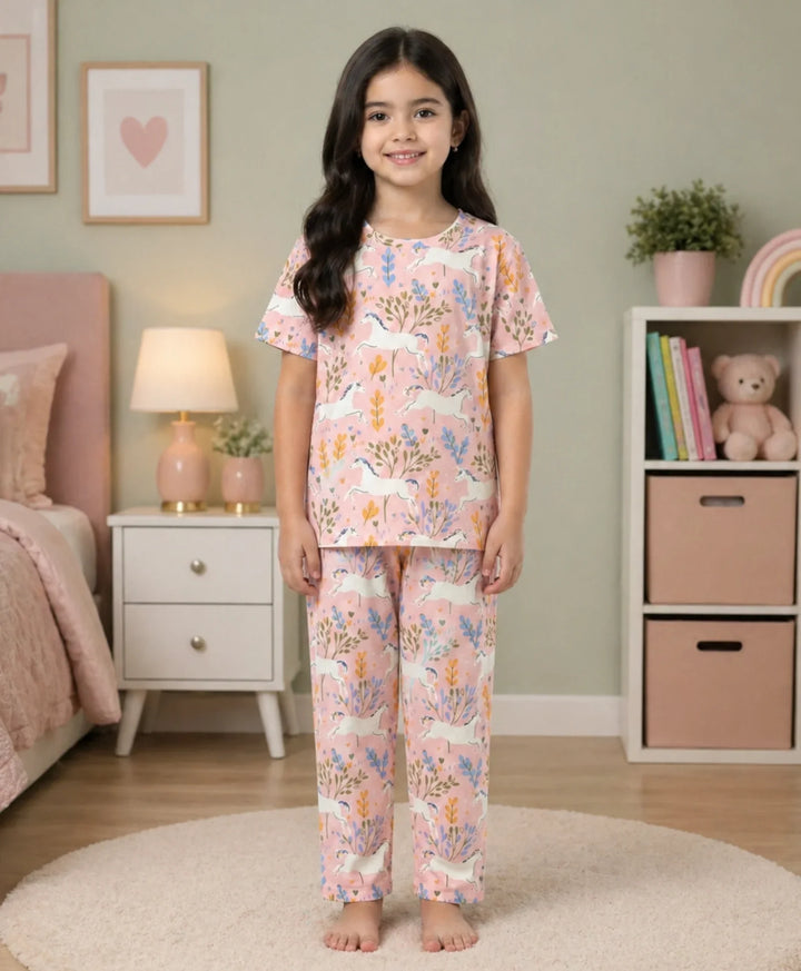Unicorn Garden Girls Sleeve Pyjama Set - Pink