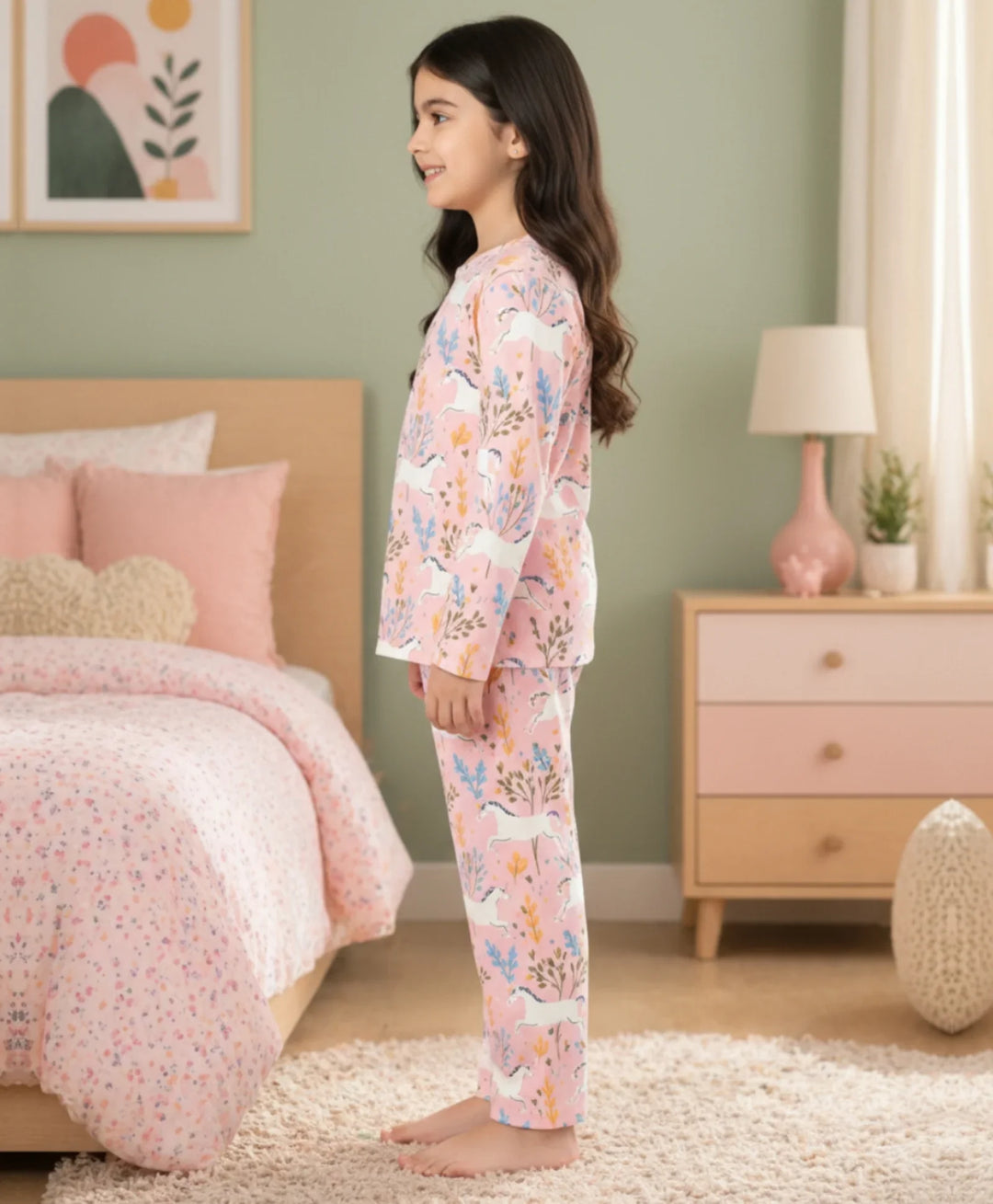Unicorn Garden Girls Sleeve Pyjama Set - Pink