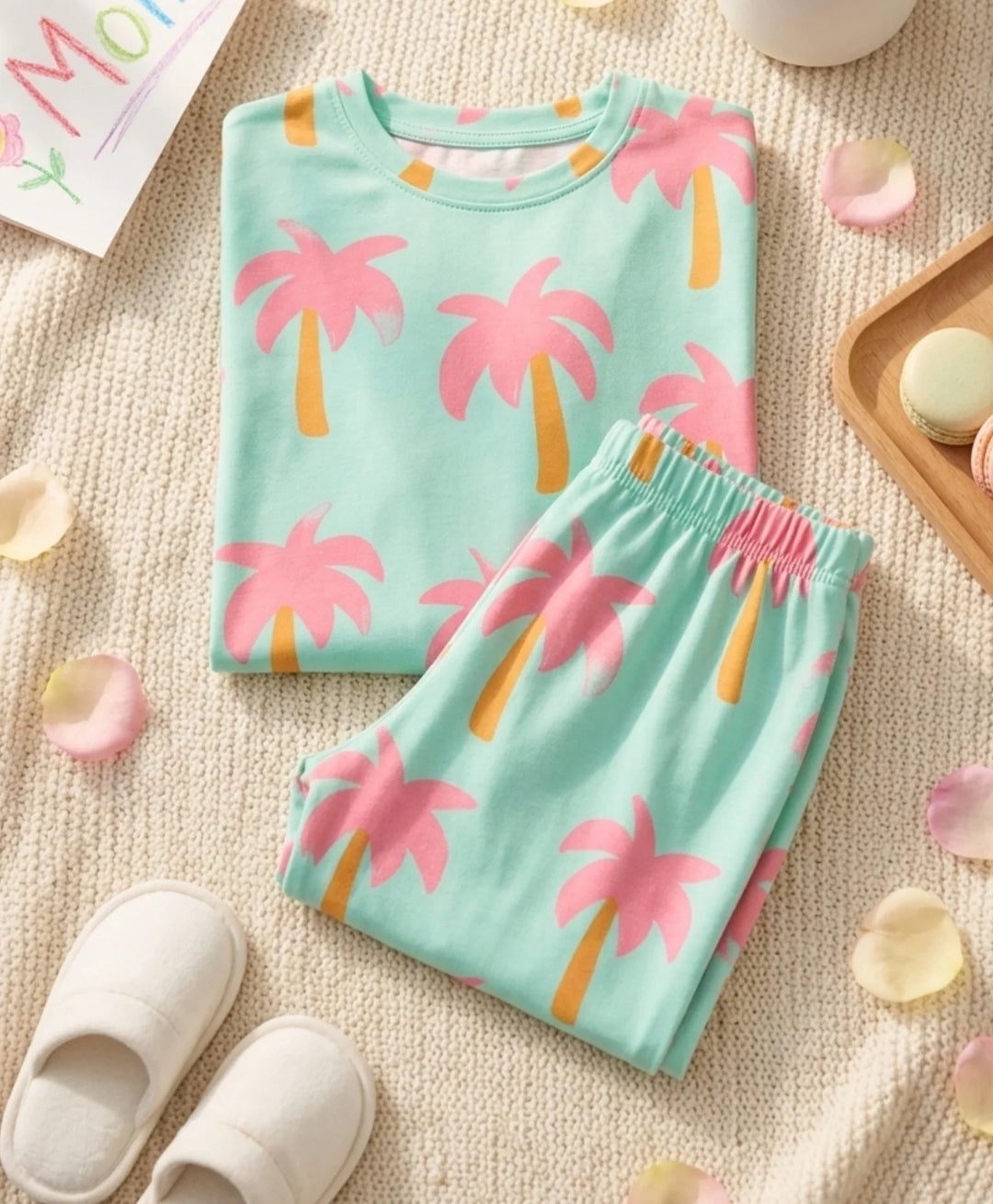 Palm Tree Girls Short Sleeve Pyjama Set - Aqua