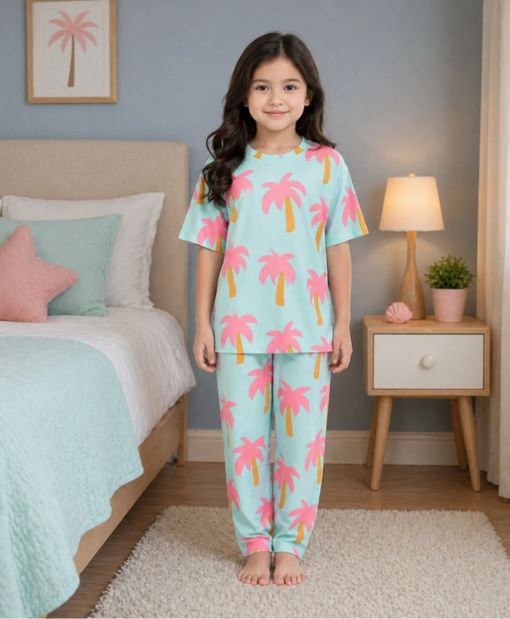 Palm Tree Girls Short Sleeve Pyjama Set - Aqua