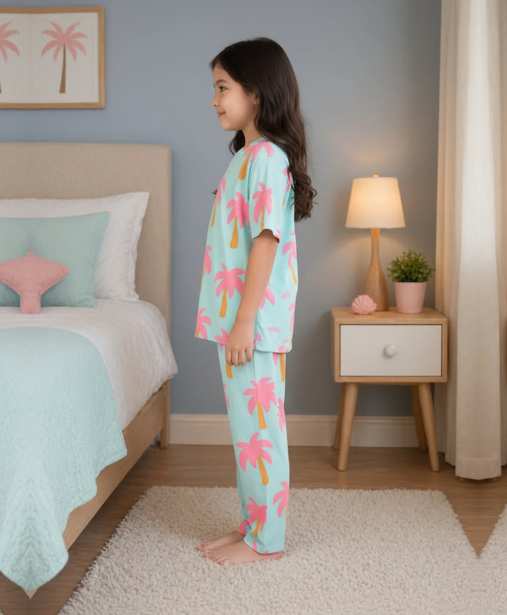 Palm Tree Girls Short Sleeve Pyjama Set - Aqua