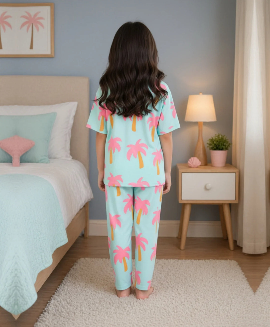 Palm Tree Girls Short Sleeve Pyjama Set - Aqua