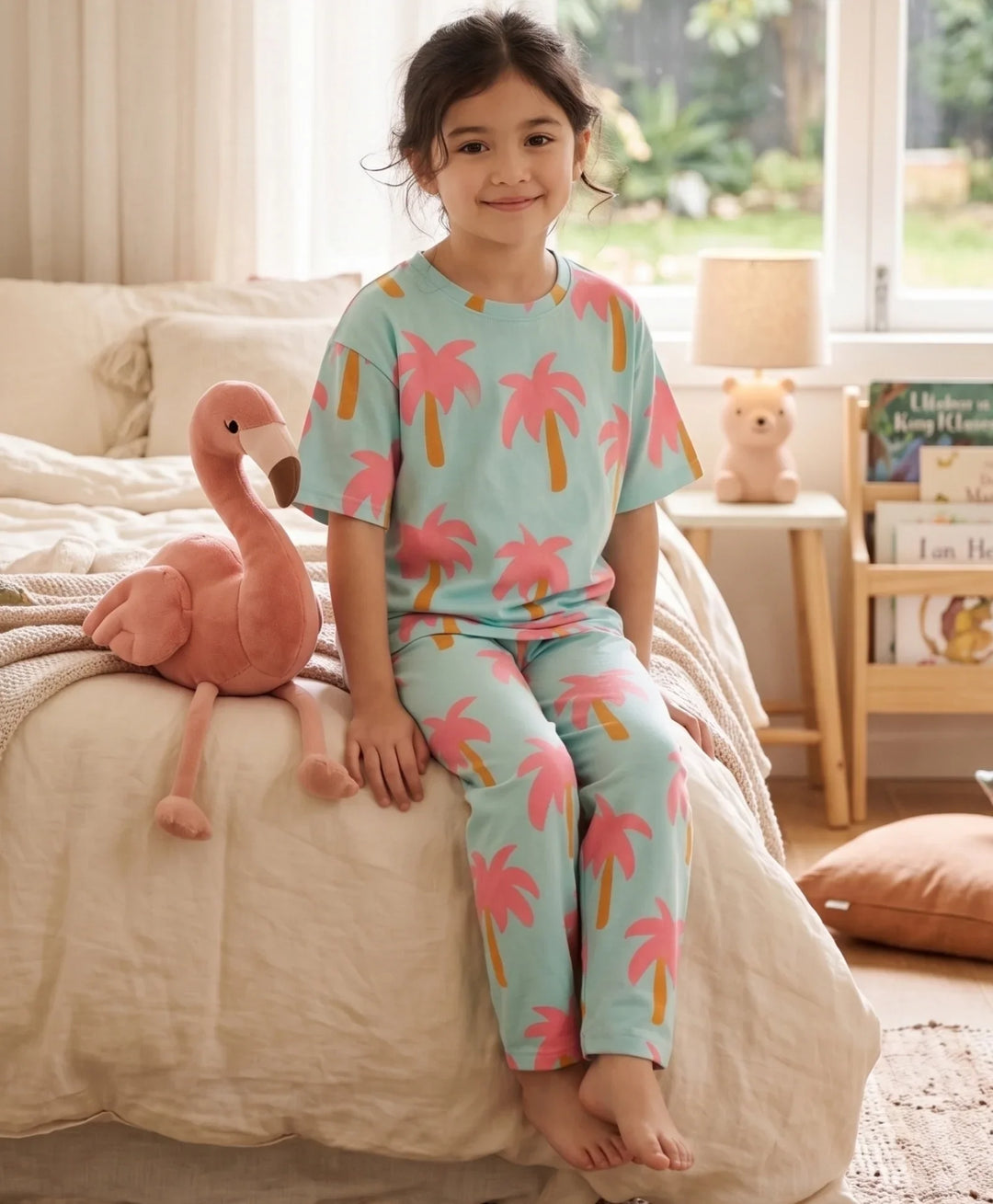 Palm Tree Girls Short Sleeve Pyjama Set - Aqua