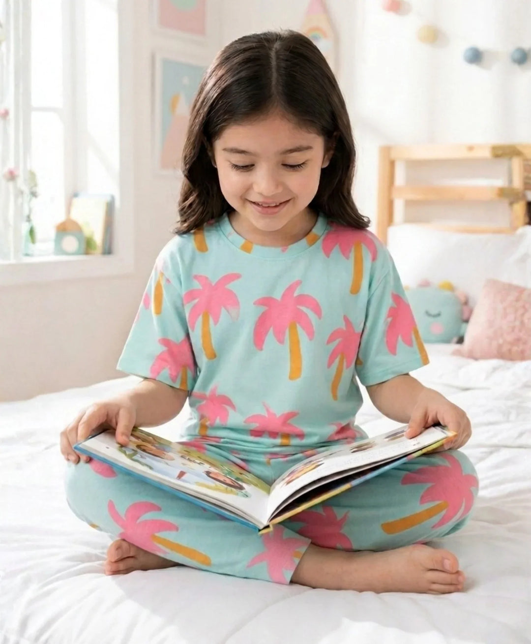 Palm Tree Girls Short Sleeve Pyjama Set - Aqua