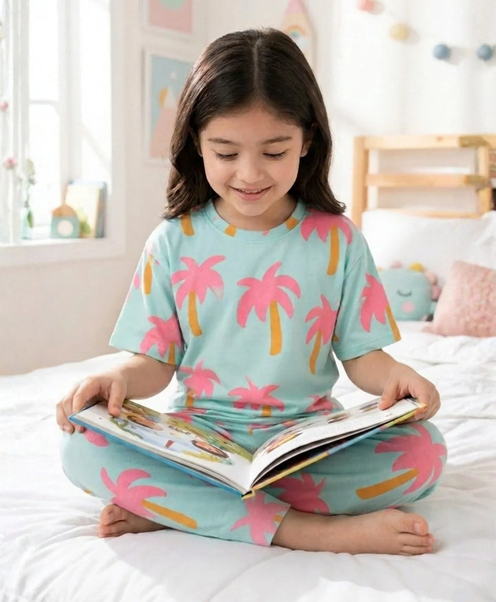 Palm Tree Girls Short Sleeve Pyjama Set - Aqua