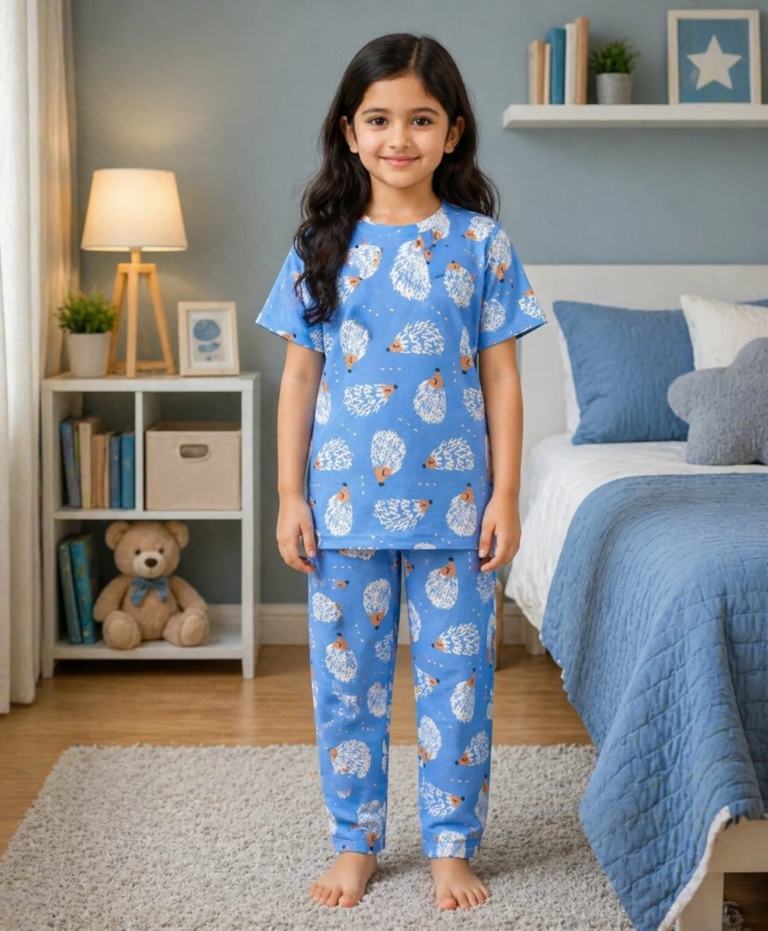 Hedgehog Girls Short Sleeve Pyjama Set - Blue