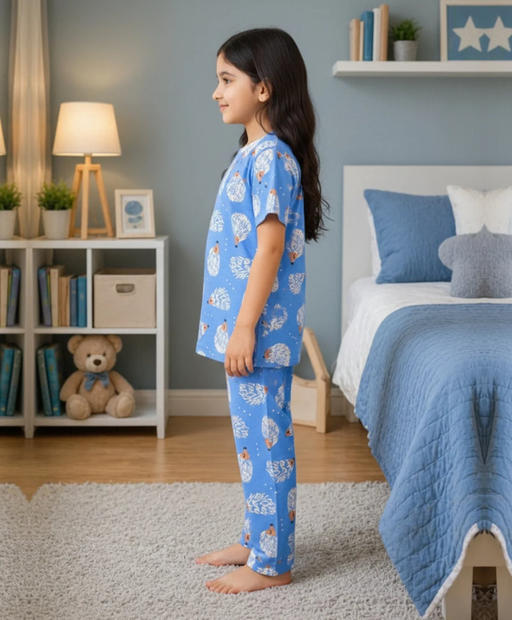 Hedgehog Girls Short Sleeve Pyjama Set - Blue
