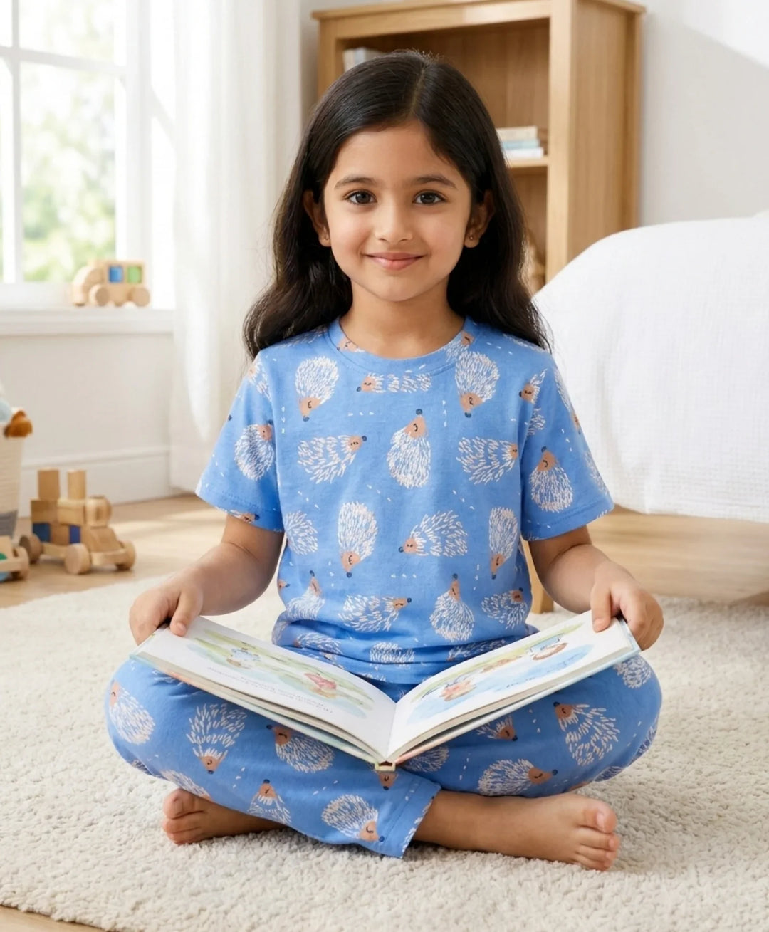 Hedgehog Girls Short Sleeve Pyjama Set - Blue