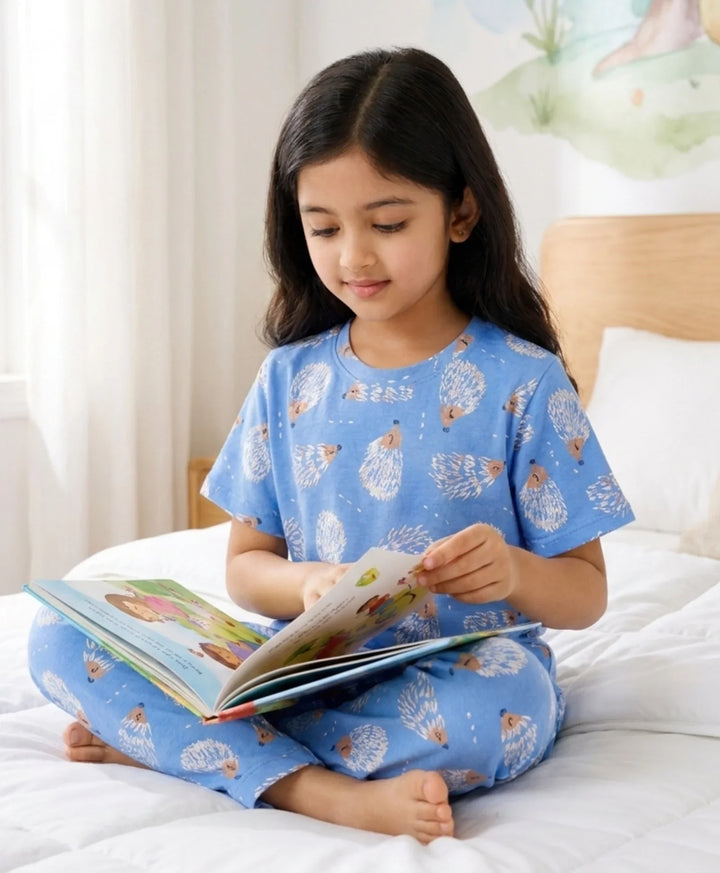 Hedgehog Girls Short Sleeve Pyjama Set - Blue
