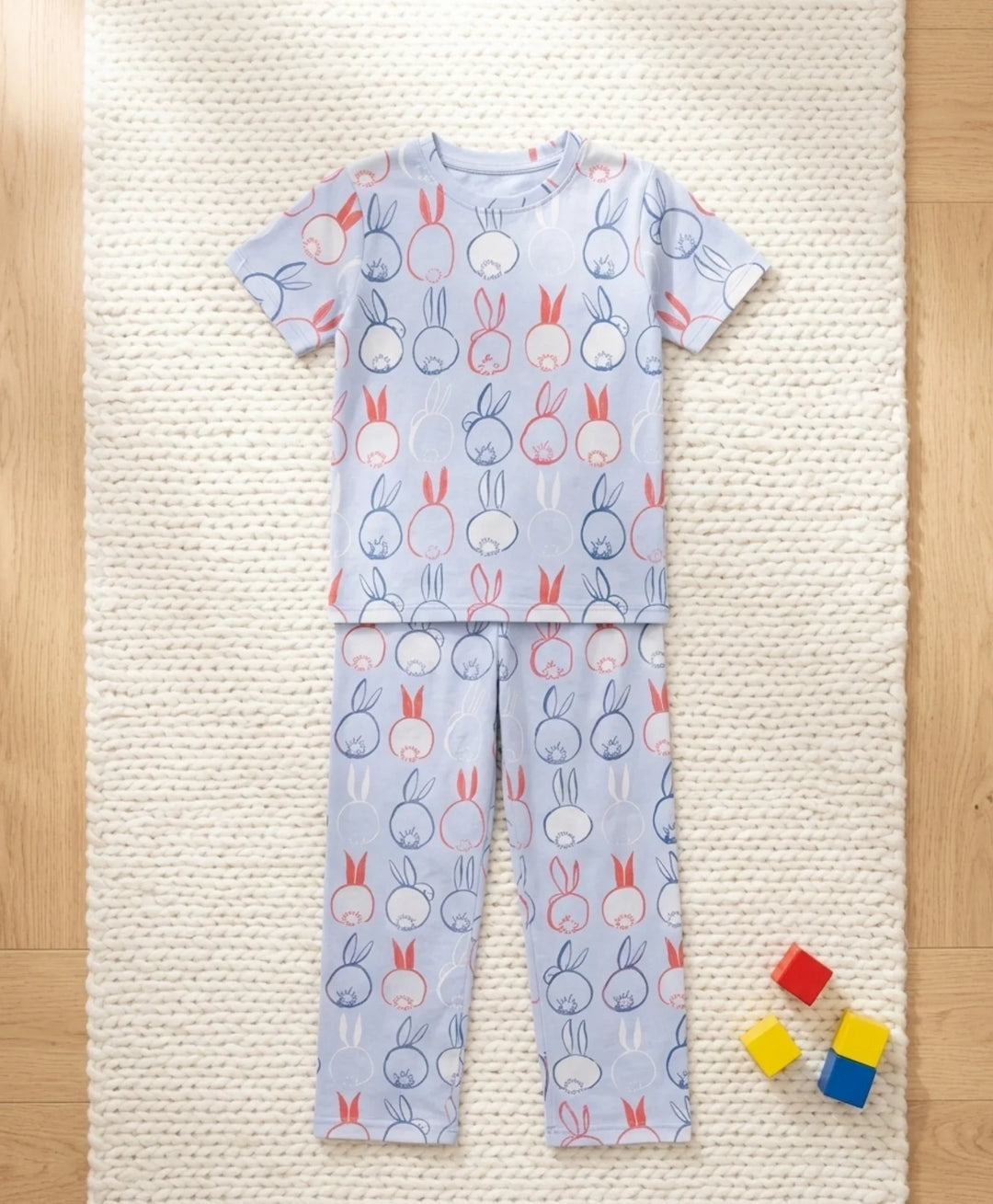 Rabbit Print Girls Short Sleeve Pyjama Set - Blue