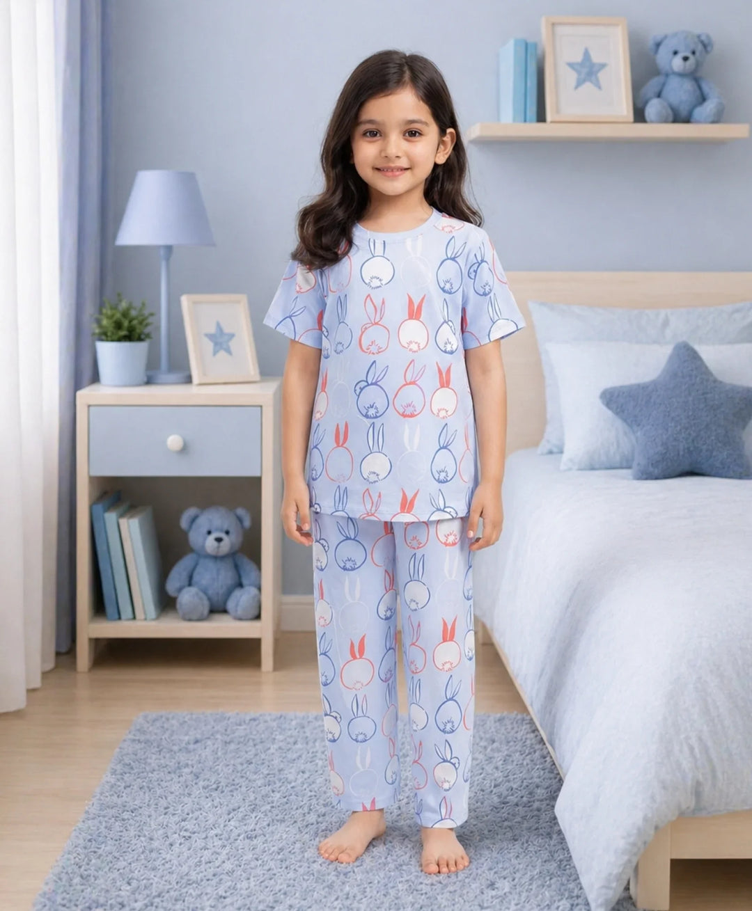 Rabbit Print Girls Short Sleeve Pyjama Set - Blue