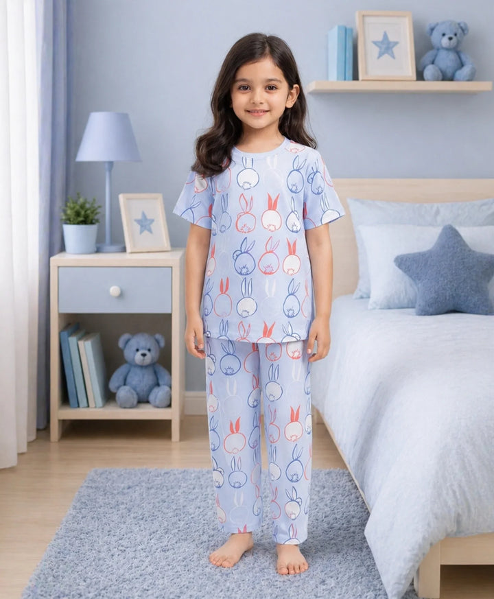 Rabbit Print Girls Short Sleeve Pyjama Set - Blue