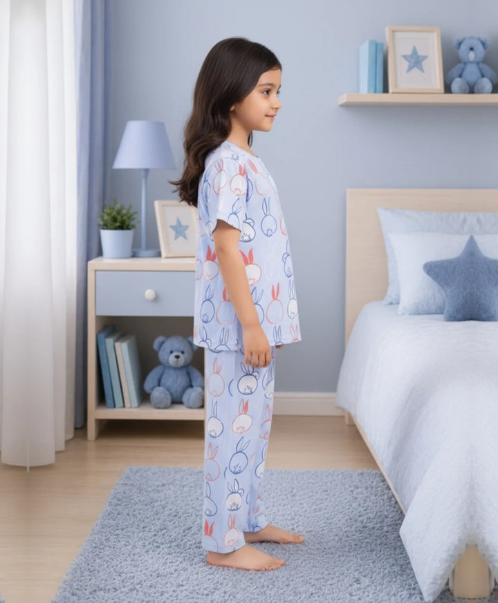 Rabbit Print Girls Short Sleeve Pyjama Set - Blue