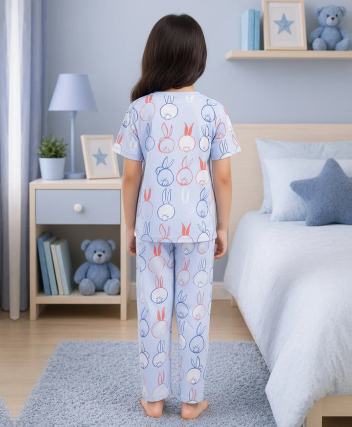 Rabbit Print Short Sleeve Pyjama Set - Blue