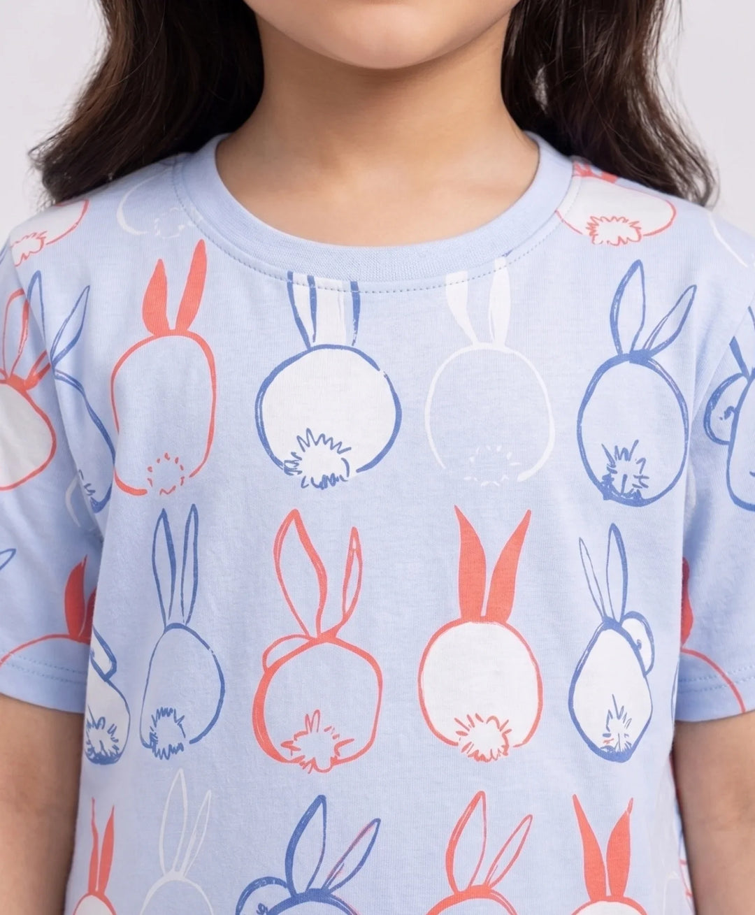 Rabbit Print Girls Short Sleeve Pyjama Set - Blue