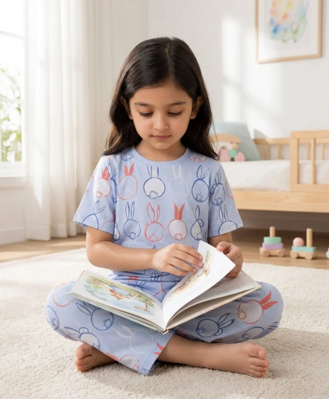 Rabbit Print Girls Short Sleeve Pyjama Set - Blue