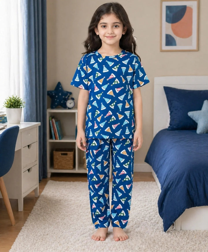 Party Caps Blue Girls Short Sleeve Pyjama Set - Blue