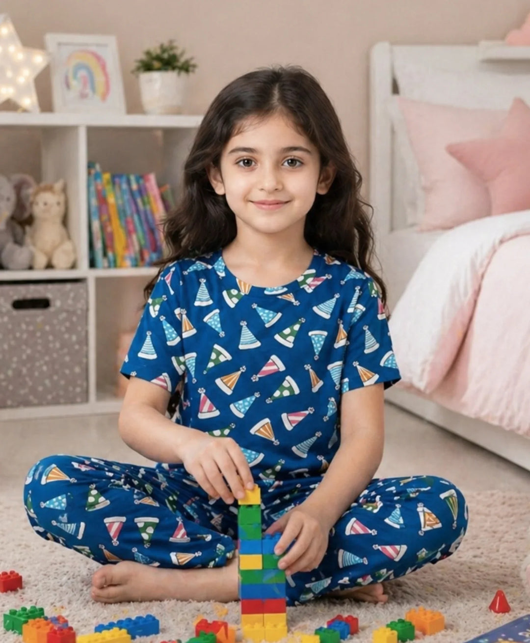 Party Caps Blue Girls Short Sleeve Pyjama Set - Blue
