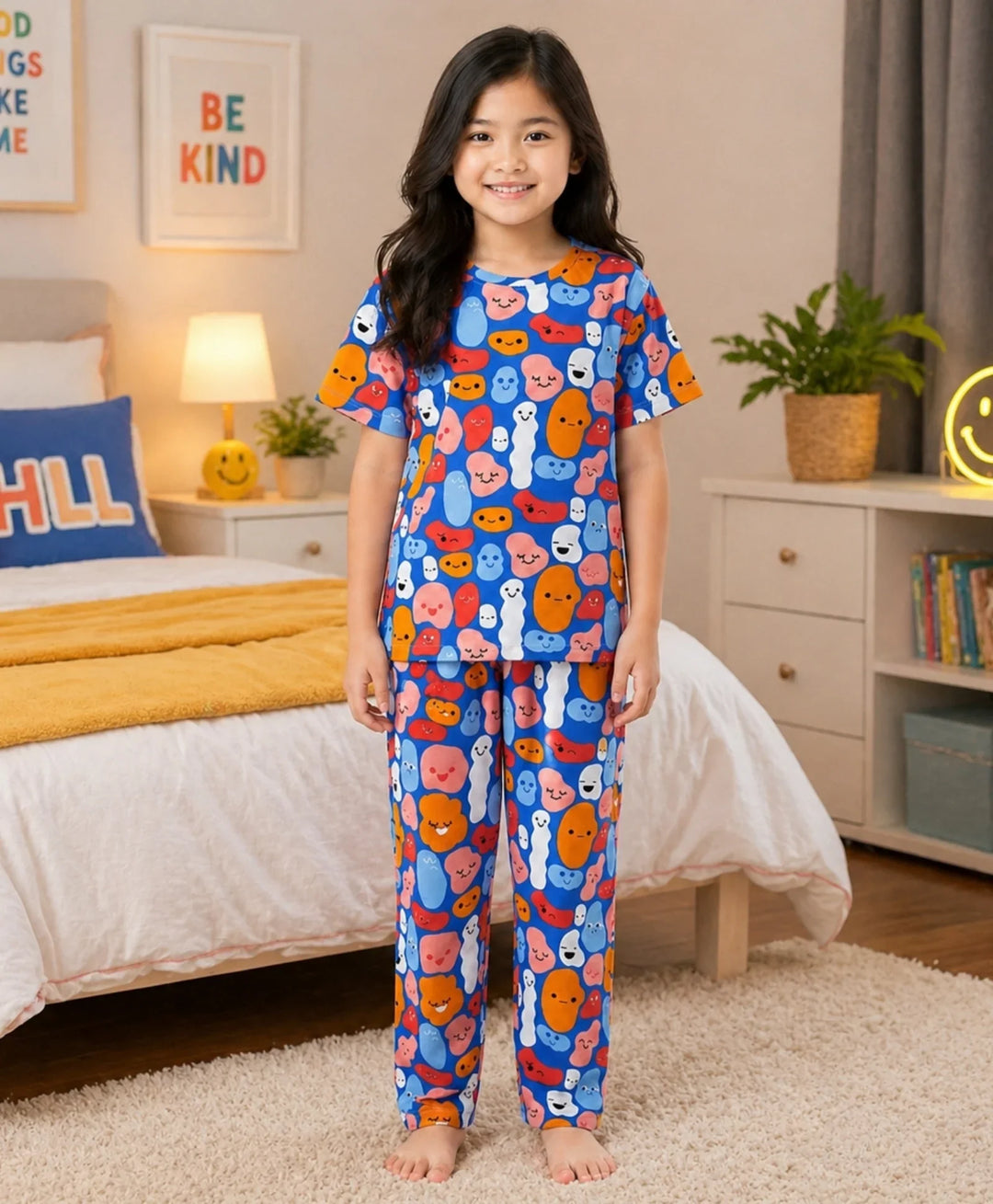 Happy Blobs Girls Short Sleeve Pyjama Set - Blue