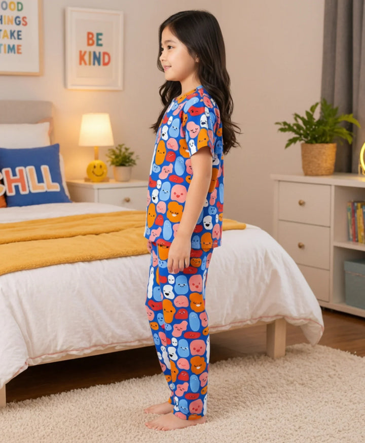 Happy Blobs Girls Short Sleeve Pyjama Set - Blue