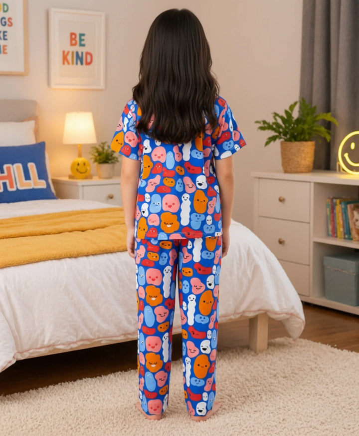 Happy Blobs Girls Short Sleeve Pyjama Set - Blue
