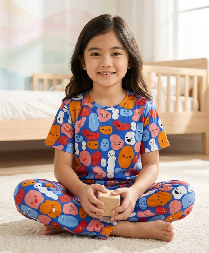 Happy Blobs Girls Short Sleeve Pyjama Set - Blue