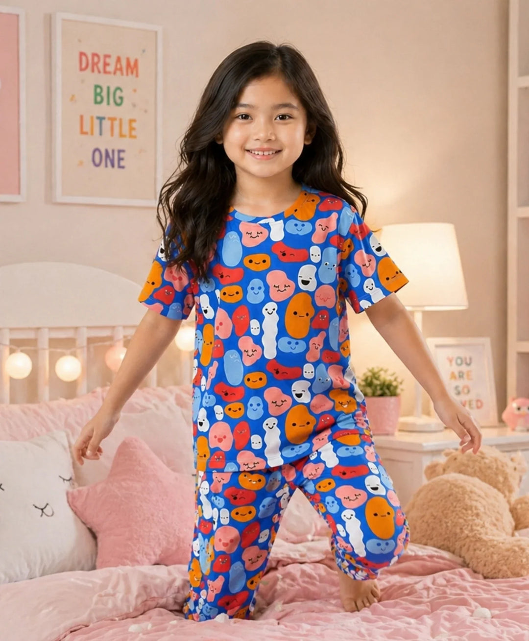 Happy Blobs Girls Short Sleeve Pyjama Set - Blue
