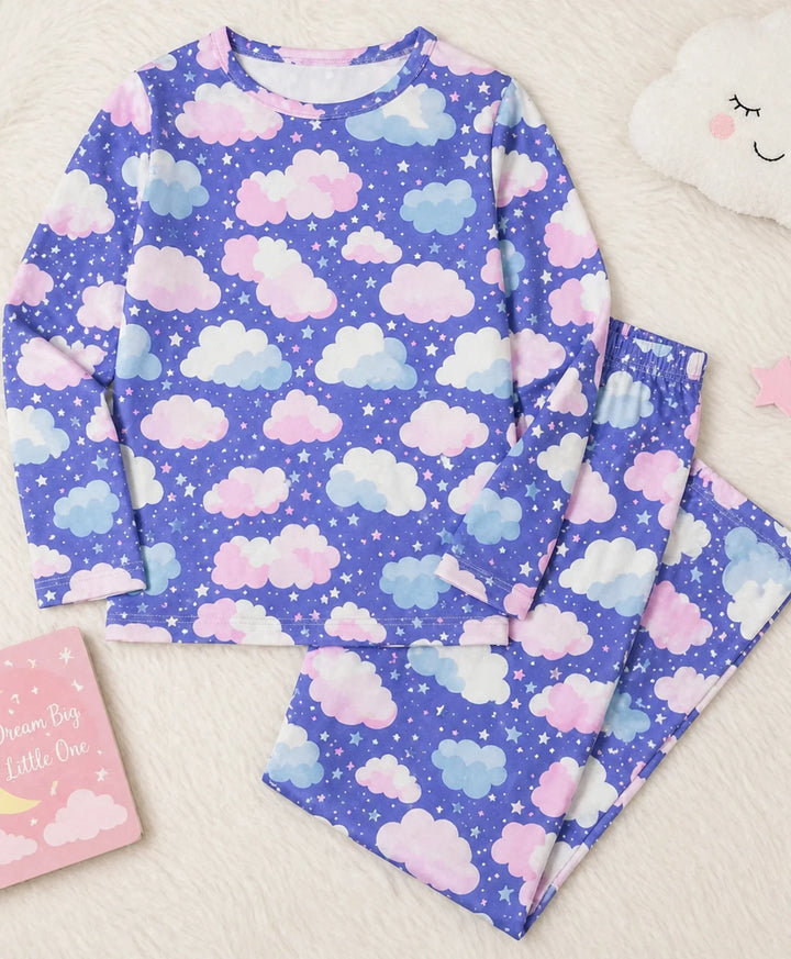 Purple Clouds Girls Long Sleeve Pyjama Set - Purple